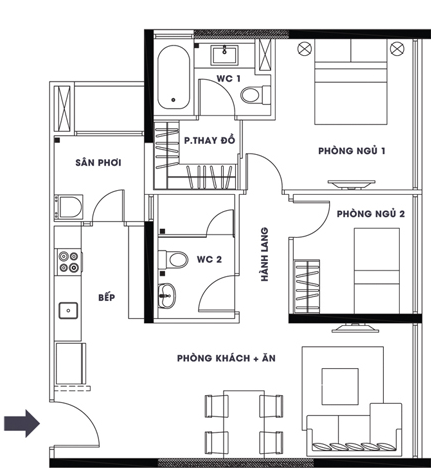 Phương án cải tạo nội thất chung cư nhỏ từ hai thành ba phòng ngủ